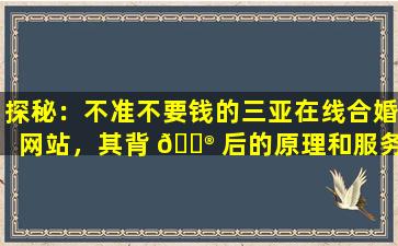 探秘：不准不要钱的三亚在线合婚网站，其背 💮 后的原理和服务质量如何